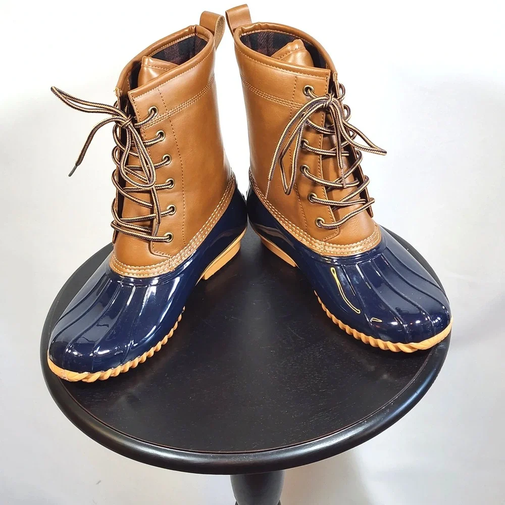 Sporto Ariel‎ Duck Boots Navy Blue Tan Plaid Lined Rain Snow Boots Womens 8.5M